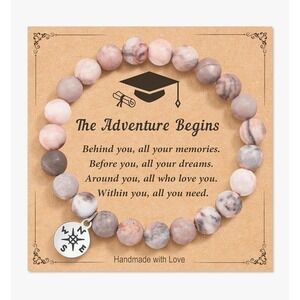 Graduation Gift Natural Stone Bracelet‎ College Pink Stones Compass Charm